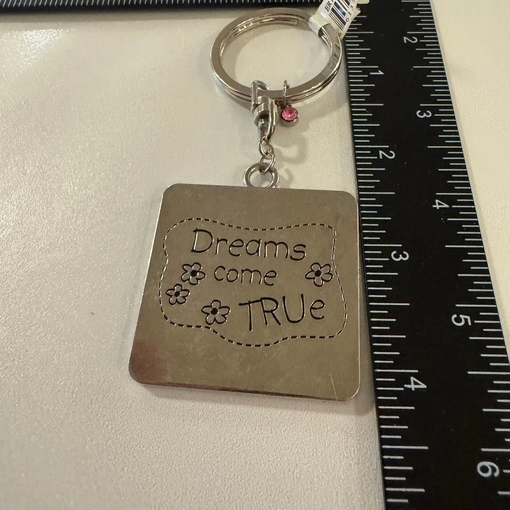 Dreams Come True Keychain Silver Tone Floral Butterfly Charm Pink Rhinestone‎